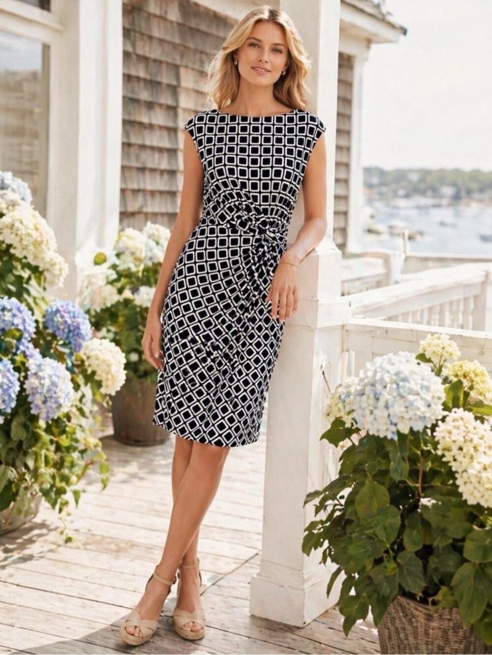 Lauren Ralph Lauren Sheath Dress 10 Womans Navy White Geo Twist Waist Cap Sleeve